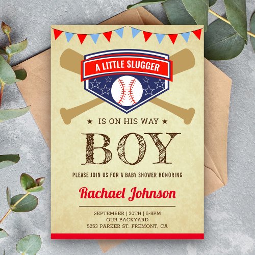 Vintage Rustic Sports Boy Baseball Baby Shower Invitation