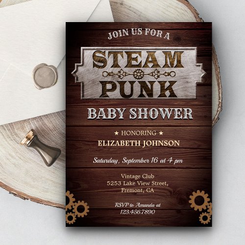 Vintage Rustic Steampunk Baby Shower Invitation