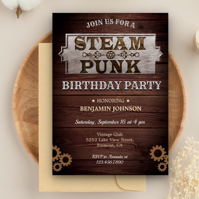 Vintage Rustic Steampunk Birthday Party Invitation
