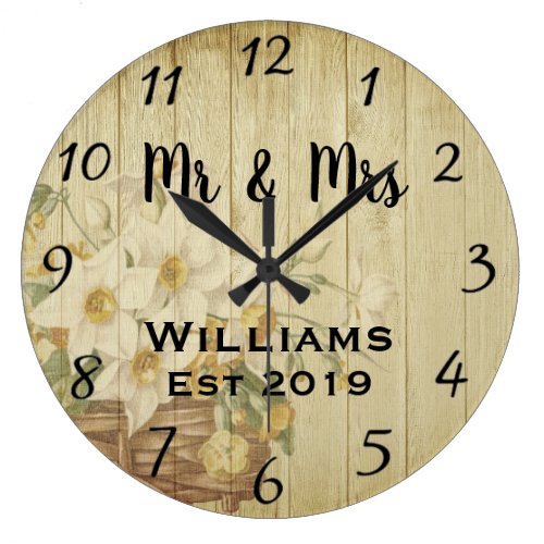 Vintage Rustic Summer Floral Wood Large Clock