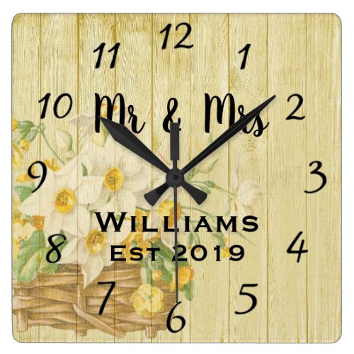 Vintage Rustic Summer Floral Wood Square Wall Clock