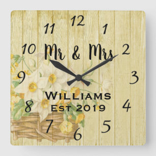 Vintage Rustic Summer Floral Wood Square Wall Clock