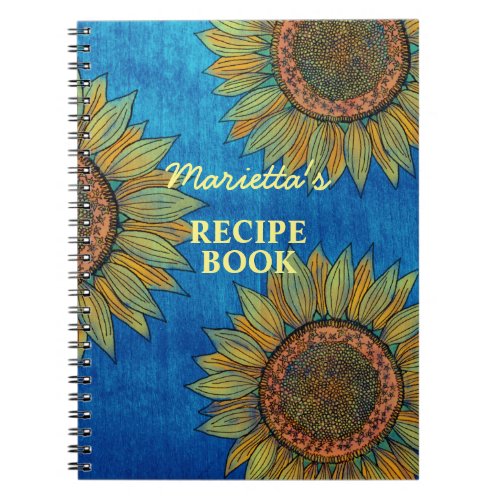 Vintage Rustic Sunflower Blue Custom Name Recipe Notebook