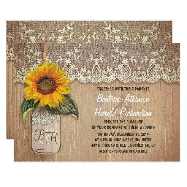 Vintage Rustic Sunflower Mason Jar Wedding Invitation