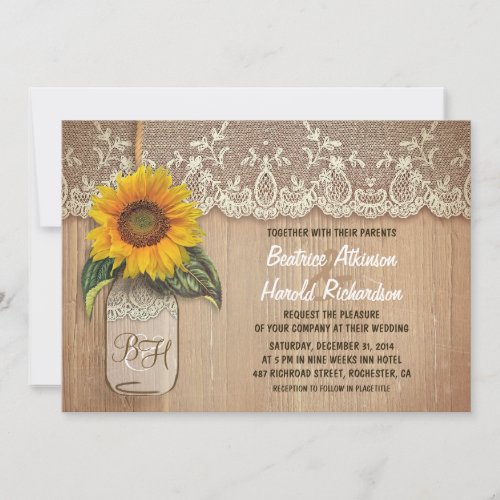 vintage rustic sunflower mason jar wedding invitation - Rustic old wood background, vintage ivory lace and cute mason jar with sunflower blossom hanging on the little rope - perfect wedding invitation for country wedding theme with mason jars and sunflowers accents. 



  



