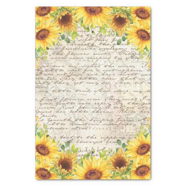Vintage Rustic Sunflower Old Letter Decoupage Tissue Paper