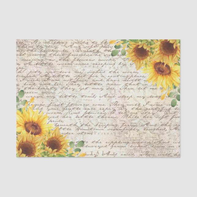 Vintage Rustic Sunflower Old Letter Decoupage Tissue Paper (Front)