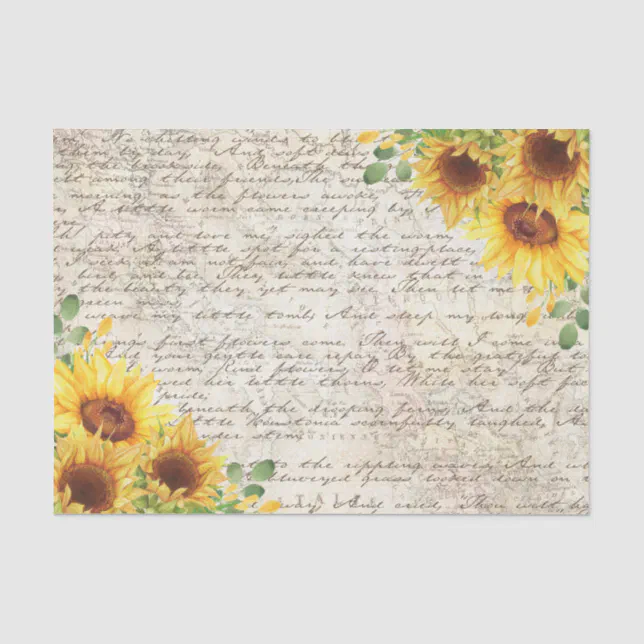 Vintage Rustic Sunflower Old Letter Decoupage Tissue Paper | Zazzle
