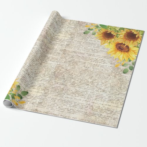 Vintage Rustic Sunflower Old Letter Decoupage  Wrapping Paper