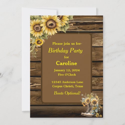 Vintage Rustic Sunflowers and Boots Birthday Party Invitation