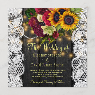 Vintage rustic sunflowers and roses wood wedding invitation