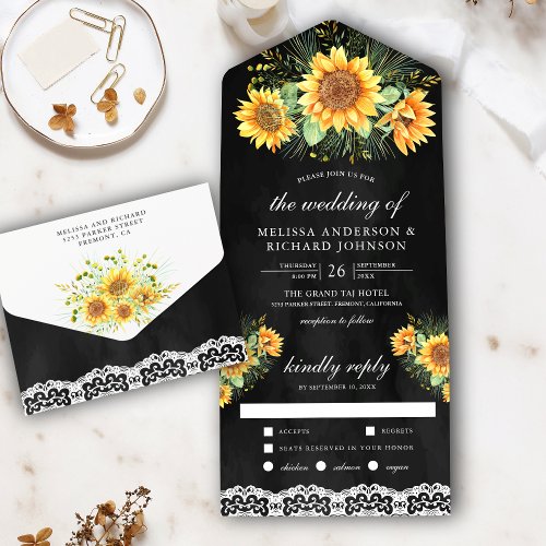 Vintage Rustic Sunflowers Bouquet Black Wedding All In One Invitation