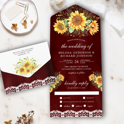 Vintage Rustic Sunflowers Bouquet Burgundy Wedding All In One Invitation