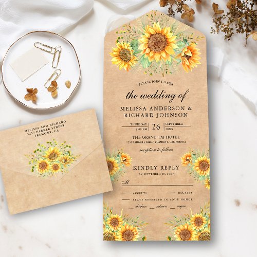 Vintage Rustic Sunflowers Bouquet Kraft Wedding All In One Invitation