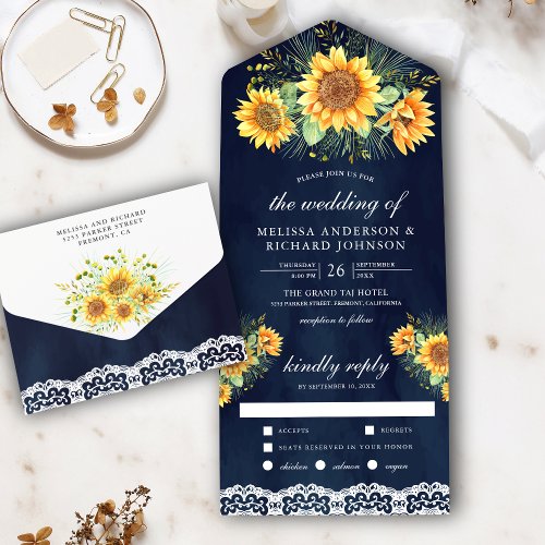 Vintage Rustic Sunflowers Bouquet Navy Wedding All In One Invitation