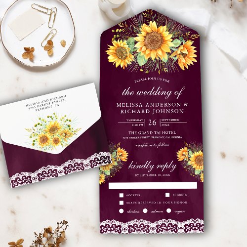 Vintage Rustic Sunflowers Bouquet Plum Wedding All In One Invitation