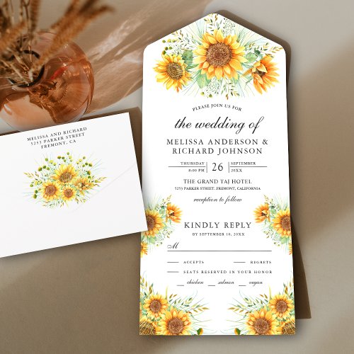 Vintage Rustic Sunflowers Bouquet Wedding All In One Invitation