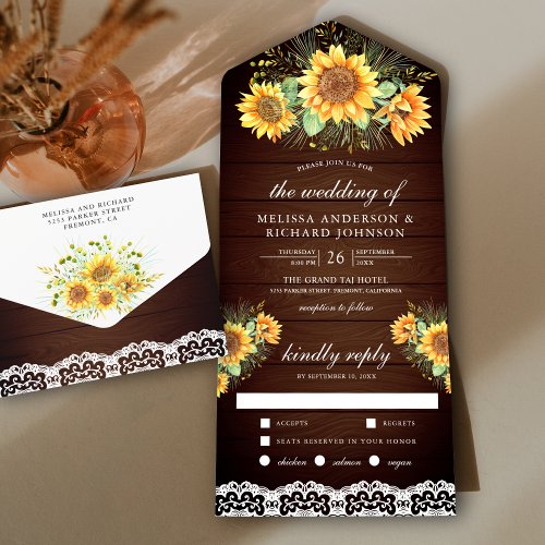 Vintage Rustic Sunflowers Bouquet Wood Wedding All In One Invitation