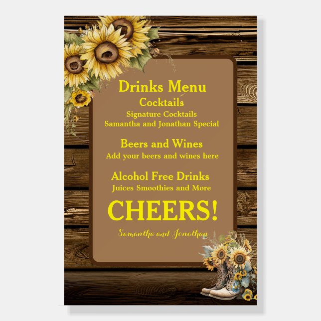 Vintage Rustic Sunflowers Country Drinks Menu Foam Board (Front)