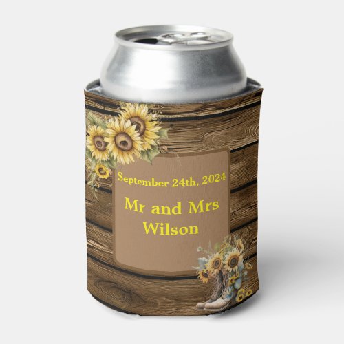 Vintage Rustic Sunflowers Country Wedding Can Cooler