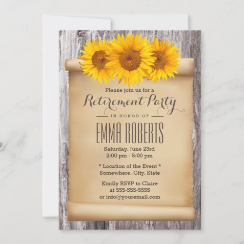 Vintage Rustic Sunflowers Wood Retirement Party Invitation