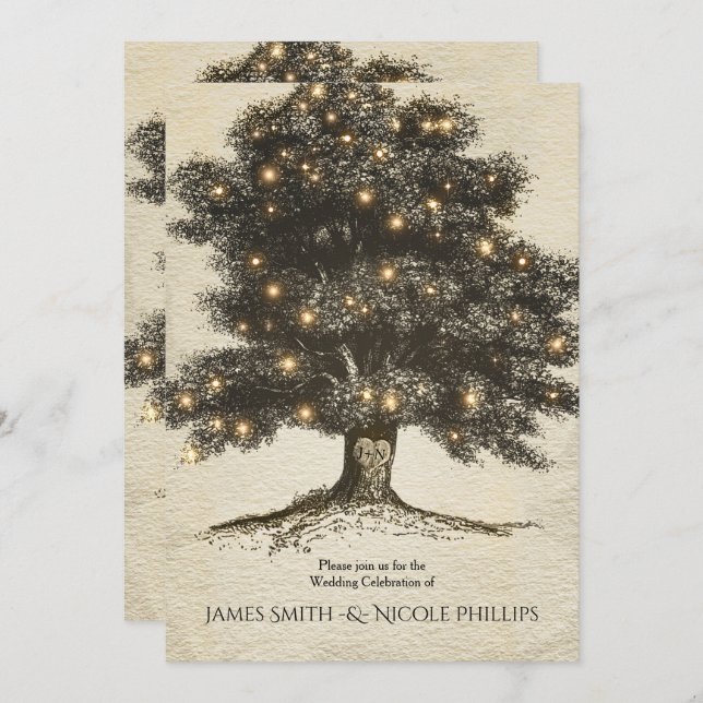 Vintage Rustic Tree & Lights Wedding Invitations (Front/Back)