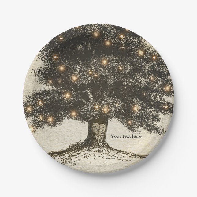 Vintage Rustic Tree & Lights Wedding Reception Paper Plates (Front)