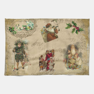 Vintage Rustic Victorian Christmas Collage Kitchen Towel