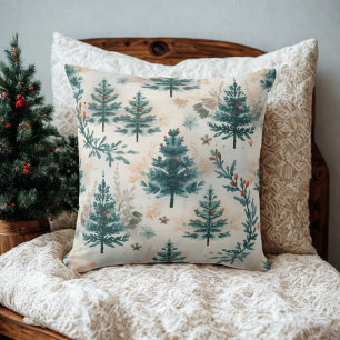 Vintage Rustic Watercolor Winter Pine Tree Pattern Throw Pillow