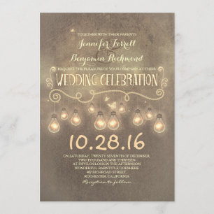 Vintage rustic wedding invitation with lights