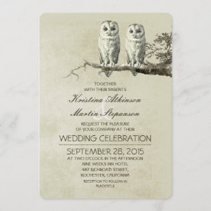 Vintage rustic wedding invitations with OWL couple