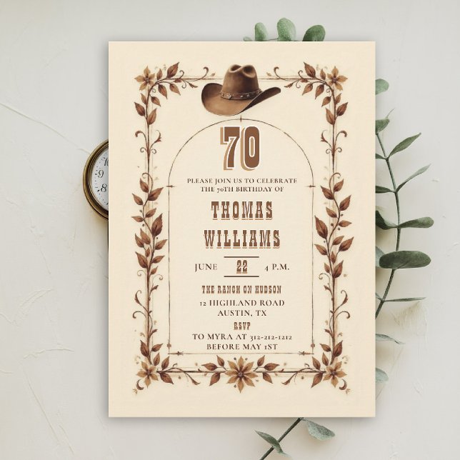 Vintage Rustic Western Arch Cowboy 70th Birthday  Invitation (cowboy birthday invitation men 70th rustic vintage arch country western husband dad grandpa)