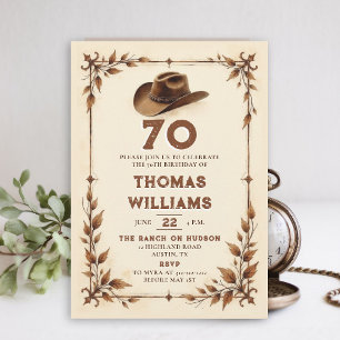Vintage Rustic Western Leaf Cowboy 70th Birthday Invitation