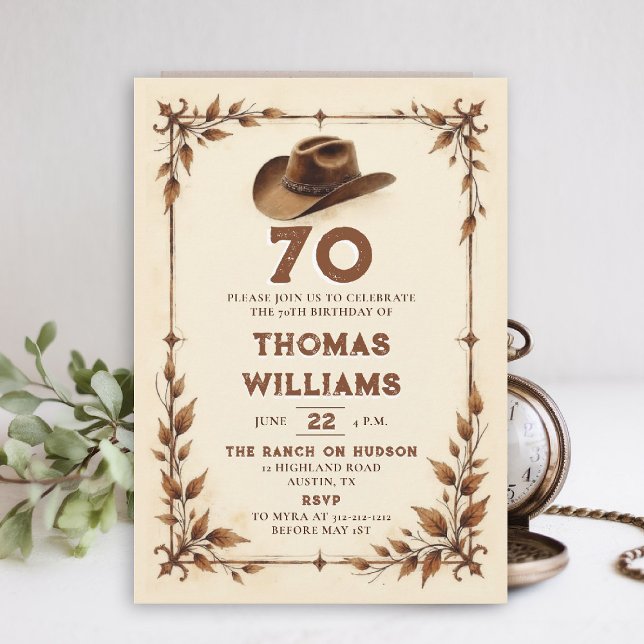 Vintage Rustic Western Leaf Cowboy 70th Birthday  Invitation (cowboy birthday invitation men 70th rustic vintage botanical country western husband dad grandpa)