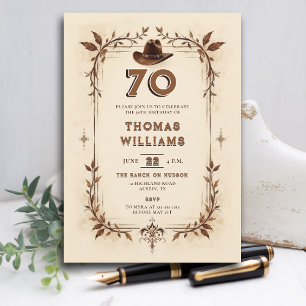 Vintage Rustic Western Vines Cowboy 70th Birthday Invitation