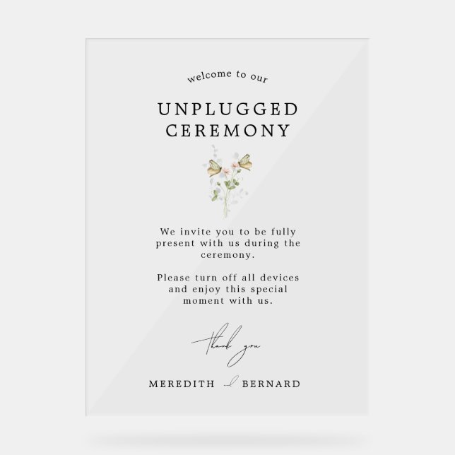 Vintage Rustic Wildflower Unplugged Ceremony Acrylic Sign (Front)