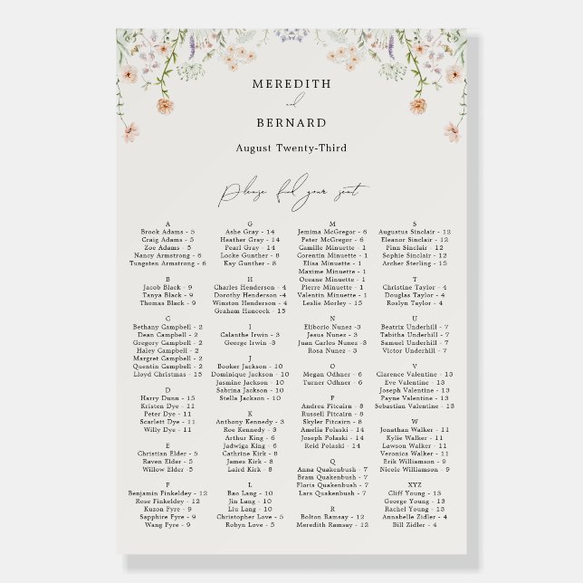 Vintage Rustic Wildflower Wedding Seating Chart Foam Board (Front)