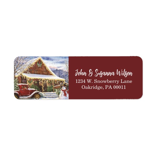 Vintage Rustic Winter Christmas Snowman Scene Label (Front)