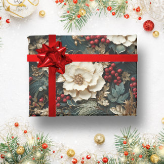 Vintage Rustic winter red berries floral Christmas Wrapping Paper