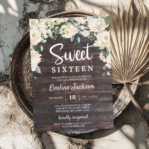 Vintage rustic wood greenery floral sweet sixteen invitation