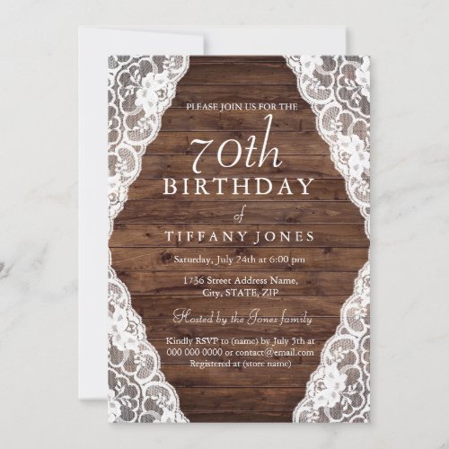 Vintage Rustic Wood Lace 70th birthday Invite