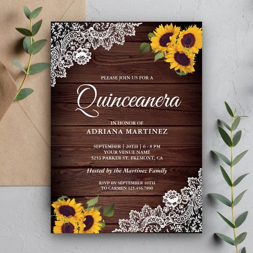 Vintage Rustic Wood Lace Sunflower Quinceanera Invitation