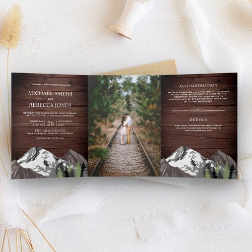 Vintage Rustic Wood Mountain Forest Photo Wedding Tri_Fold Invitation