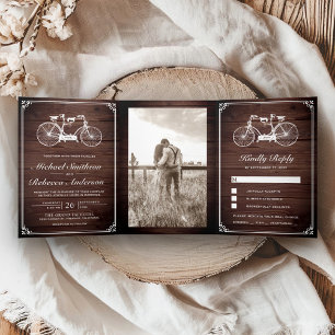 Vintage Rustic Wood Tandem Bicycle Wedding Photo Tri-Fold Invitation