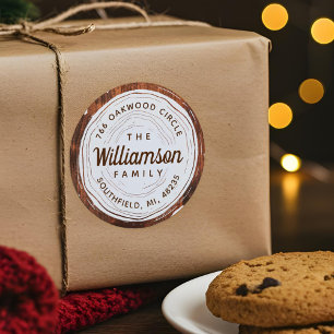 Vintage Rustic Woodgrain Tree Slice Family Address Classic Round Sticker