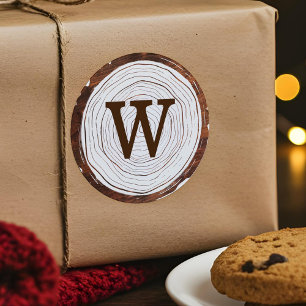 Vintage Rustic Woodgrain Tree Slice Monogram Classic Round Sticker