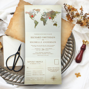 Vintage Rustic World Map All in One Wedding Tri-Fold Invitation
