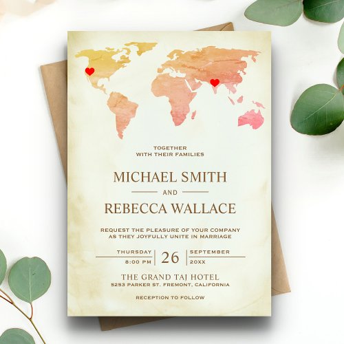 Vintage Rustic World Map Traveling Hearts Wedding Invitation