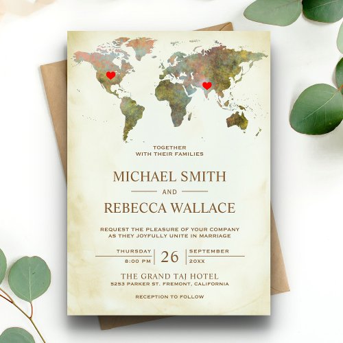 Vintage Rustic World Map Traveling Hearts Wedding Invitation