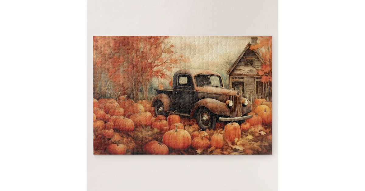 Vintage Rusty Pickup and Pumpkins Autumn 20x30 Jigsaw Puzzle | Zazzle